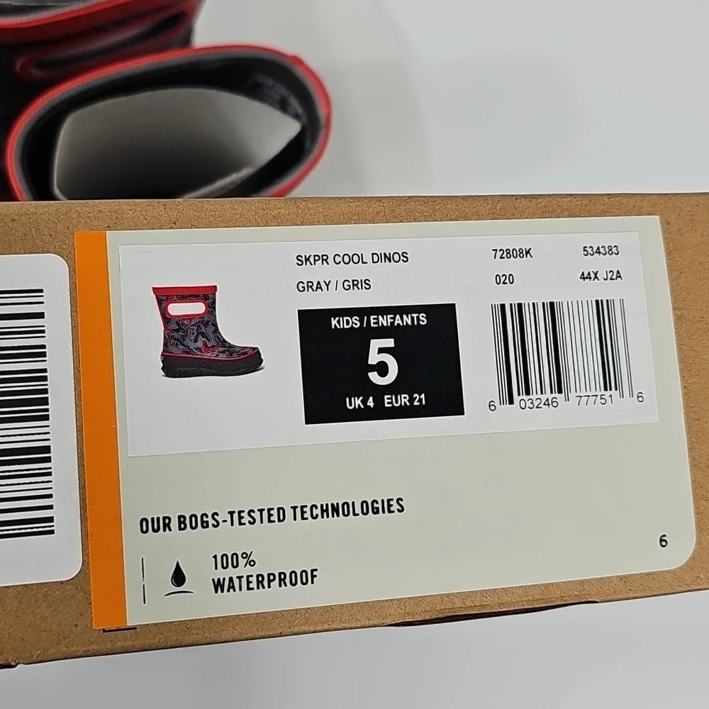 NIB Bogs Kids Skipper Cool Dino Rain Boots Size 5 Red Gray Waterproof Outdoor